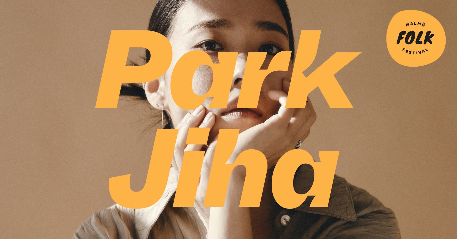 A woman with hands on her face is partially obscured by large orange text reading "Park Jiha," with a Malmö Folk Festival logo in the corner.