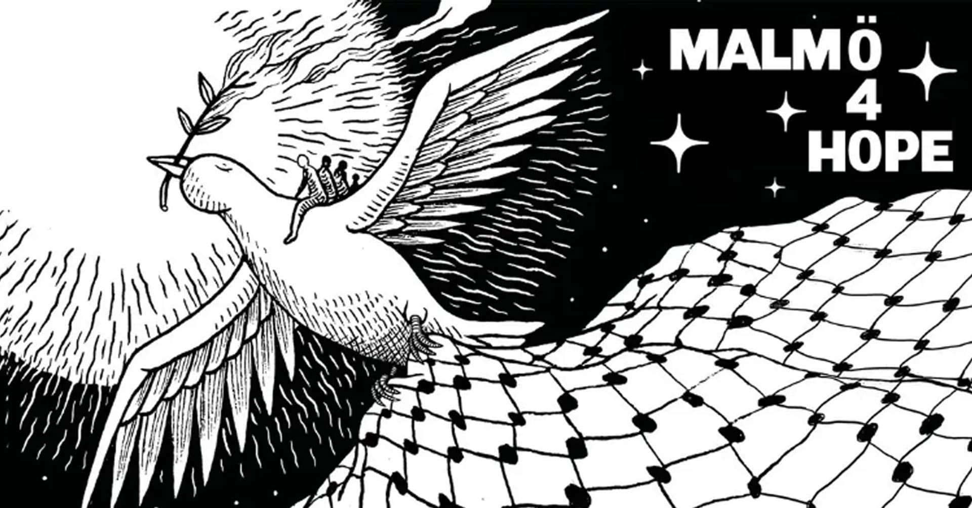 A stylized illustration features a bird carrying a branch, flying over a palestinian scarf, with the text "MALMÖ 4 HOPE" and stars in the background.