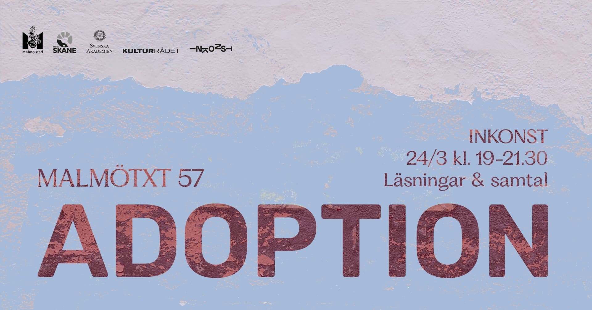 Event poster for "MALMÖTXT 57 ADOPTION" at Inkonst on 24th March from 19:00-21:30, featuring readings and discussions.