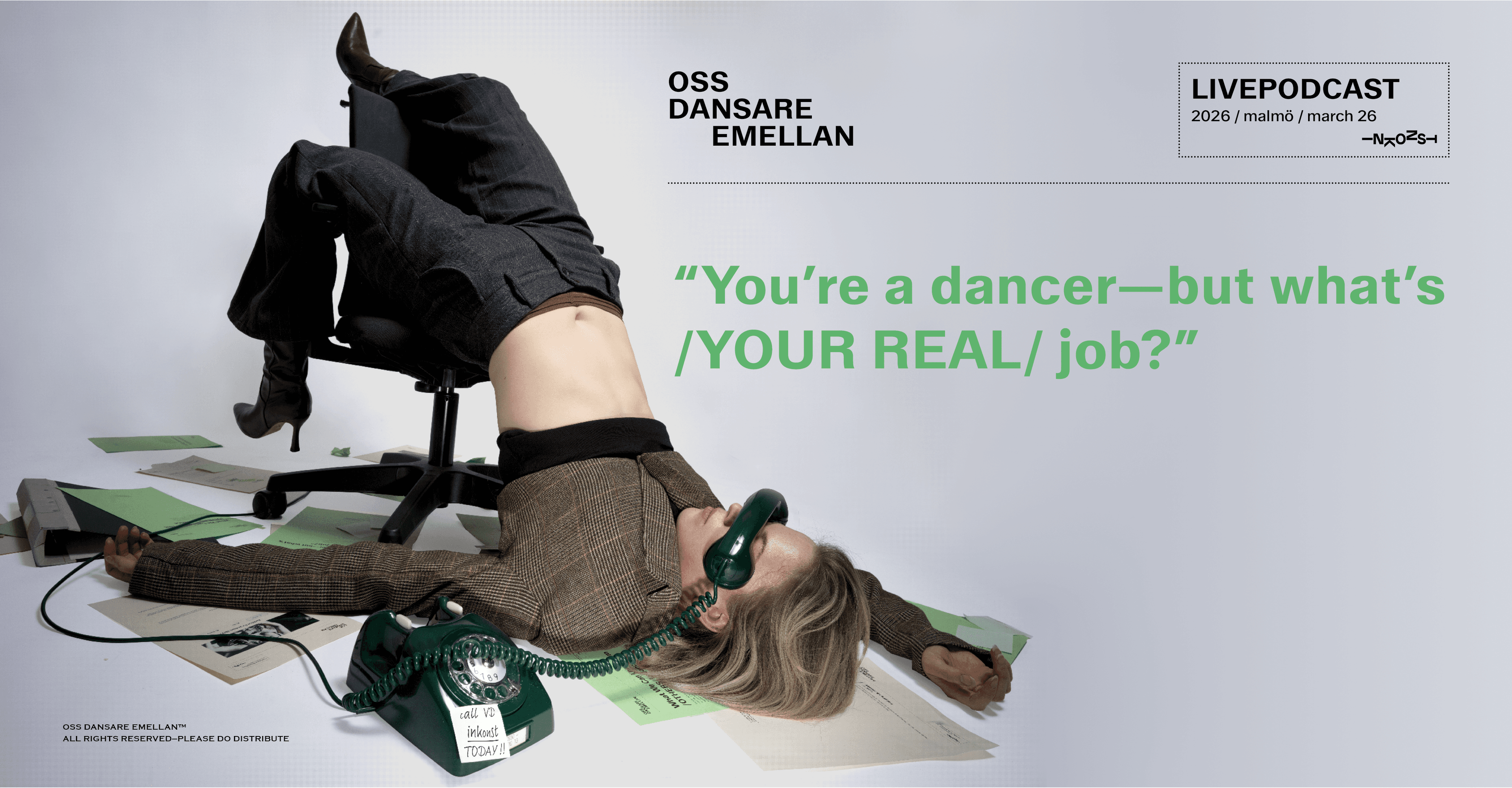 A header depicting a person with long hair and office wear laying on a chair with a phone on her eyes.